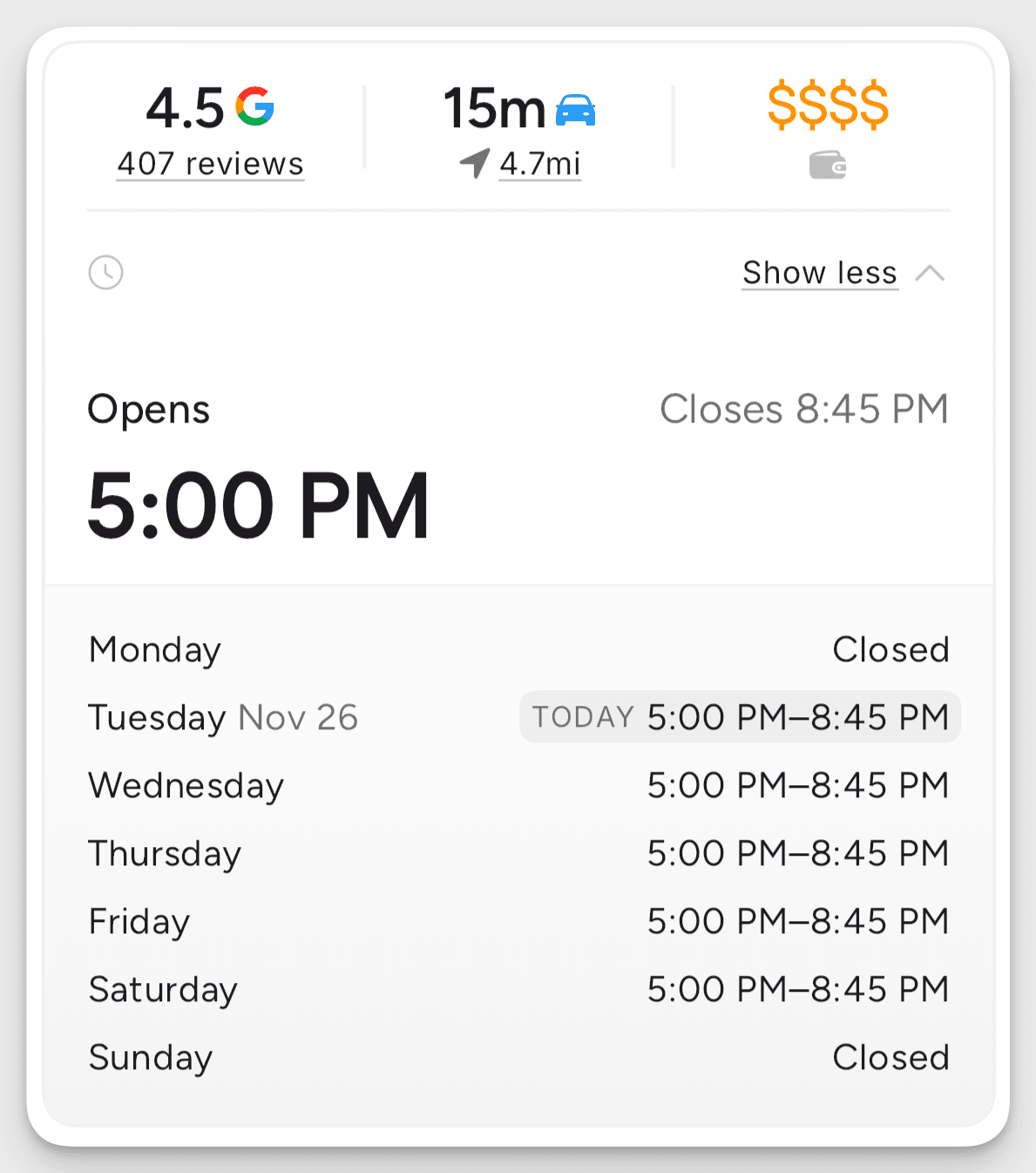 Detailed information for each location, including Google ratings and distance from your current location.