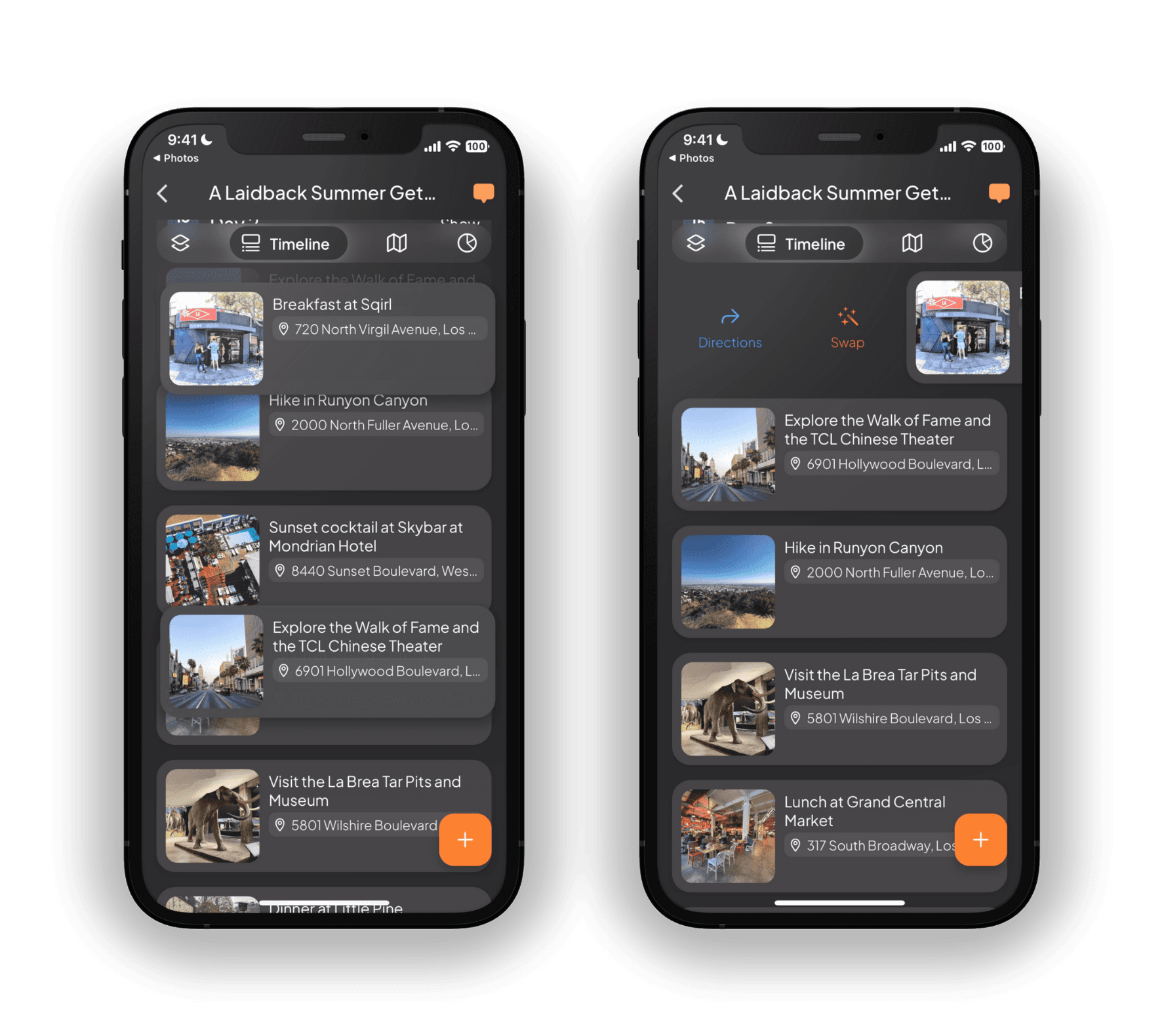 Comprehensive timeline view to keep your trip organized.