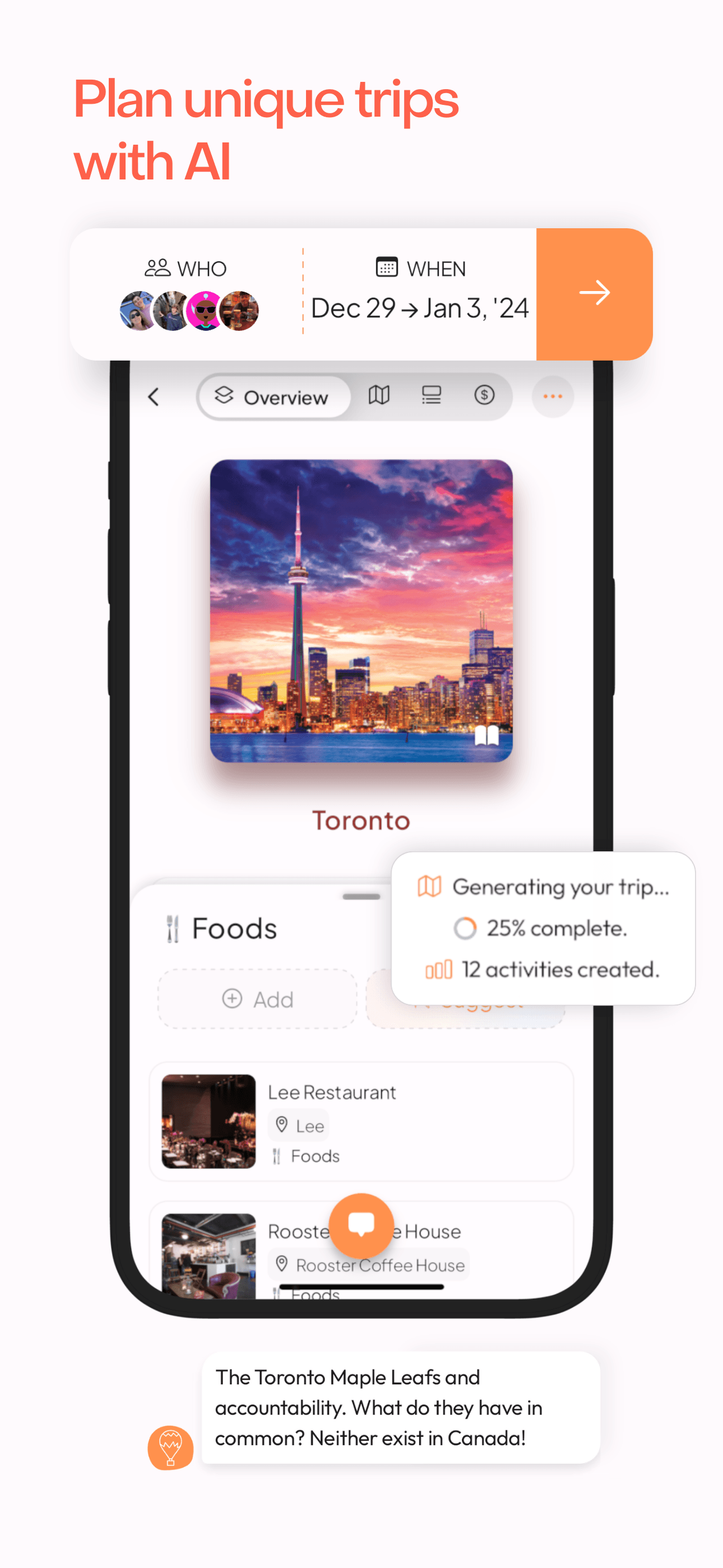 Leverage AI to generate personalized trip itineraries tailored to your preferences.